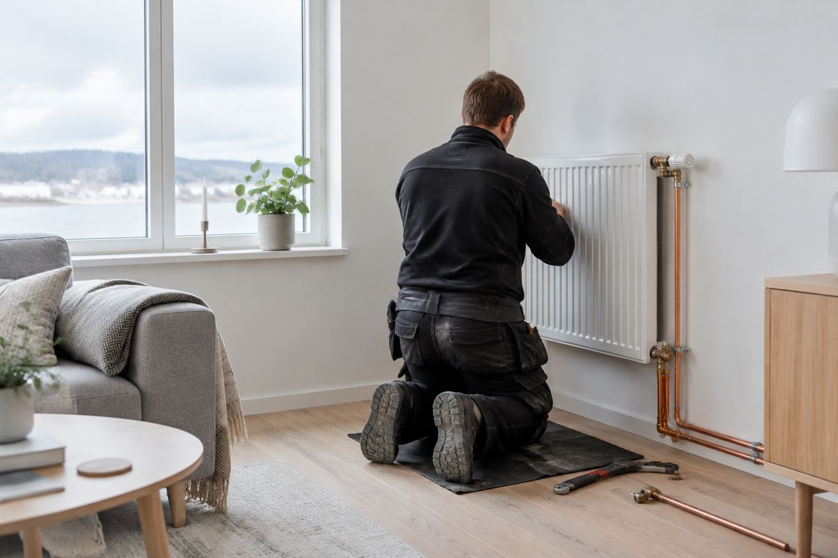 VVS-håndværker monterer radiator i dansk stue